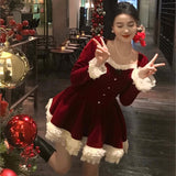 Vvsha  party look inspos Elegant Velvet Lace Ruffles Patchwork Short Dresses for Women Long Sleeve A-line Korean Fashion Christmas Birthday Party Dress