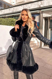 Vvsha Christmas Gift Outfit Women Faux Fur Lapel Collar Leather PU Warm Long Coat with Belt Female Elegant Winter Corset Cardigan Jacket Windbreaker