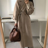 Vvsha Christmas Gift outfit  Retro Winter Loose Women Long Belted Woolen Coats Female Warm Full Sleeve Notched Autumn Oversized Cardigan Overcoats