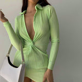 Vvsha Christmas Gift outfit  V-Neck Mini Dress Long Sleeve Sexy Bodycon Skinny Summer Beach Dresses Women Twist Solid 2022 Streetwear Party Slim Dress