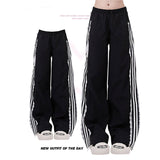 Vvsha party outfit  Deeptown Vintage Striped Black Sports Pants Women Baggy Patchwork Lace Wide Leg Jogging Trousers Summer Korean Casual Sweatpants