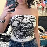 Vvsha Christmas Gift outfit -New Goth Women's Crop top Y2K Summer Girl Punk Fashion Vest White Skull Printed Ruched Slim Fit Bandeau Top