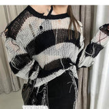 Vvsha Christmas Gift Outfit Thanksgiving Day Gifts Women Drunge Style O Neck Thin Hollow Out Sweaters Striped Loose Harajuku Korean Gothic Fashion Sweater Casual Knitted Top Goth