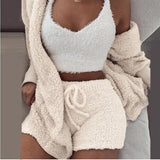 Vvsha Christmas Gift outfit  Autumn Velvet Three Piece Suit Outfits Sexy Women White Matching Set Crop Top And Shorts Lounge Home Wear Pijama Oversize Winter