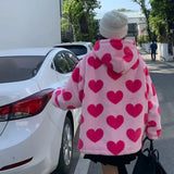 Vvsha Christmas Gift Outfit Harajuku Heartshaped Print Plush Jacket Women Winter 2024 Korean Long Sleeve Hooded Coat Thick Warm Couple Streetwear Outerwear