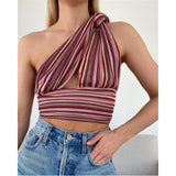 Vvsha Christmas Gift Outfit Backless Women Tops Backless Striped Halter Strap Sexy Mesh Vest