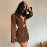 Vvsha Christmas Gift outfit  Turn-down Collar Button Women Two Piece Set Brown Long Sleeve Top High Waist Skirt Women Autumn Sexy Slim Office Outfits