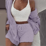 Vvsha Christmas Gift outfit  Autumn Velvet Three Piece Suit Outfits Sexy Women White Matching Set Crop Top And Shorts Lounge Home Wear Pijama Oversize Winter