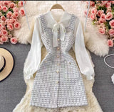 Vvsha Christmas Gift outfit  dress to impress codes Autumn  Socialite Elegant Bow Lace-up Shirt Two-Piece Suit Tweed Plaid Sling Dress