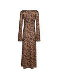 Vvsha Brown Classic Print Trumpet Sleeve Maxi Dress