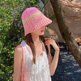 Vvsha Christmas Gift Outfit Women Knitted Lattice Fisherman Hat Handmade Crochet Color Matching Basin Hat Spring and Autumn Knitted Sunscreen Sun Hat