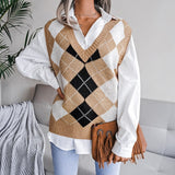 Vvsha Christmas Gift Outfit Women Knitted Sweater Vest Pullover 2024 Autumn New College Style Loose VNeck Elegant Fashion Casual Diamond Vest Sweaters