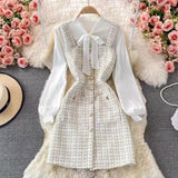 Vvsha Christmas Gift outfit  dress to impress codes Autumn  Socialite Elegant Bow Lace-up Shirt Two-Piece Suit Tweed Plaid Sling Dress