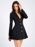 Vvsha Christmas Gift outfit   Autumn Black Blazer Mini Dress For Women Fashion V Neck Single-breasted Long Sleeve High Waist Pleated Sexy Dress