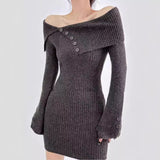 Vvsha Christmas Gift Outfit womens outfit inspiration Sexy offShoulder Lapel Knitted Dress Autumn and Winter Women's Sweater Slim Hip Skirt