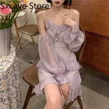 Vvsha  party look inspos Vintage Y2k Mini Dress Women Long Sleeve Purple Lolita Strap Dress Ruffles One Piece Dress Korean Kawaii Clothing 2021 Autumn