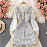 Vvsha Christmas Gift outfit  dress to impress codes Autumn  Socialite Elegant Bow Lace-up Shirt Two-Piece Suit Tweed Plaid Sling Dress