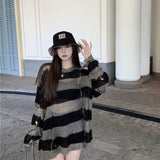 Vvsha Christmas Gift Outfit Thanksgiving Day Gifts Women Drunge Style O Neck Thin Hollow Out Sweaters Striped Loose Harajuku Korean Gothic Fashion Sweater Casual Knitted Top Goth