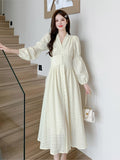 Vvsha  party look inspos Vintage Long Sleeve Dresses Autumn New French Elegant V Neck Single Breasted Women Fairy Dress Solid High Waist Ladies Robe New