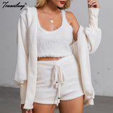 Vvsha Christmas Gift outfit  Autumn Velvet Three Piece Suit Outfits Sexy Women White Matching Set Crop Top And Shorts Lounge Home Wear Pijama Oversize Winter