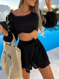 Vvsha Christmas Gift Outfit Back To School Sexy Beach Party Lace Shorts Outfits Square Collar Short Sleeve Crop Tops And Short Pants Suit Two Piece Set