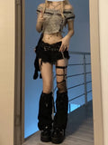 Vvsha Christmas Gift Outfit Women Dark Academia Y2k Goth Harajuku Fashion Gyaru Kpop Jean Low Rise Shorts Ripped Denim Tassel Grunge Hot Pants 2000s Grunge