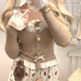 Vvsha  party look inspos Sweet Lolita Style Short Cardigan Women Kawaii Lace Patchwork Ruffles Bow Knitted Coat Korean Fashion Chic Buttons Cute Crop Top