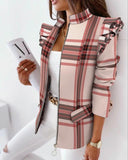 Vvsha Christmas Gift outfit  Fashion Women Ruffled Long Sleeve Zipper Print Suit Women Jacket Autumn Winter Lady Coat Female Plaid Blazer Cool Gril Y2K