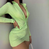 Vvsha Christmas Gift outfit  V-Neck Mini Dress Long Sleeve Sexy Bodycon Skinny Summer Beach Dresses Women Twist Solid 2022 Streetwear Party Slim Dress