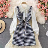 Vvsha Christmas Gift outfit  dress to impress codes Autumn  Socialite Elegant Bow Lace-up Shirt Two-Piece Suit Tweed Plaid Sling Dress