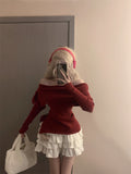 Vvsha  party look inspos Winter Kawaii Sweet 2 Piece Set Woman Off Shoulder Bow Knitted Tops + Mini Cake Skirt Female Korean Fashion Casual Suit 2024 New