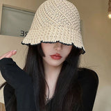 Vvsha Christmas Gift Outfit Women Knitted Lattice Fisherman Hat Handmade Crochet Color Matching Basin Hat Spring and Autumn Knitted Sunscreen Sun Hat