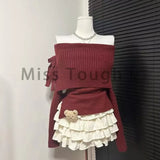 Vvsha  party look inspos Winter Kawaii Sweet 2 Piece Set Woman Off Shoulder Bow Knitted Tops + Mini Cake Skirt Female Korean Fashion Casual Suit 2024 New