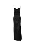 Vvsha Black Vintage Satin Cowl Neck Split Maxi Dress