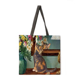 Folding shopping bag oil painting cat lady shoulder bag female leisure handbag outdoor beach bag female tote bag