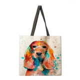 Oil painting dog print tote bag linen fabric casual tote bag foldable shopping bag reusable beach bag lady shoulder bag