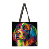 Oil Painting Dog Print Tote Bag Shoulder Bag Linen Fabric Casual Tote Bag Foldable Shopping Bag Reusable Beach Bag