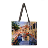 Oil painting construction tote bag shoulder bag linen fabric casual tote bag foldable shopping bag reusable beach bag