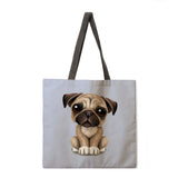 Oil Painting Dog Print Tote Bag Shoulder Bag Linen Fabric Casual Tote Bag Foldable Shopping Bag Reusable Beach Bag