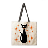 Oil painting line cat tote bag reusable beach bag linen fabric casual tote bag lady one-shoulder foldable shopping bag