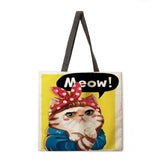 B054 Cartoon cat lady printed tote bag linen shoulder bag tote bag outdoor beach bag reusable shopping bag