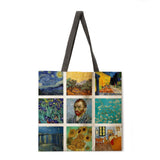 Van Gogh Oil Painting Combination Printing Handbag Linen Fabric Bag Leisure Folding Shopping Bag Outdoor Beach Bag Daily Handbag