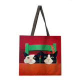 B054 Cartoon cat lady printed tote bag linen shoulder bag tote bag outdoor beach bag reusable shopping bag