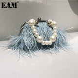 Christmas Gift [EAM] Handle Bag Female Wallet Retro Lux Shoulder Bag New 2021 Fashion Temperament Feathers  Pearl Chain Crossbody Clutch18A5874