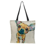 Oil painting dog print tote bag linen fabric casual tote bag foldable shopping bag reusable beach bag lady shoulder bag