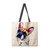 Oil Painting Dog Print Tote Bag Shoulder Bag Linen Fabric Casual Tote Bag Foldable Shopping Bag Reusable Beach Bag