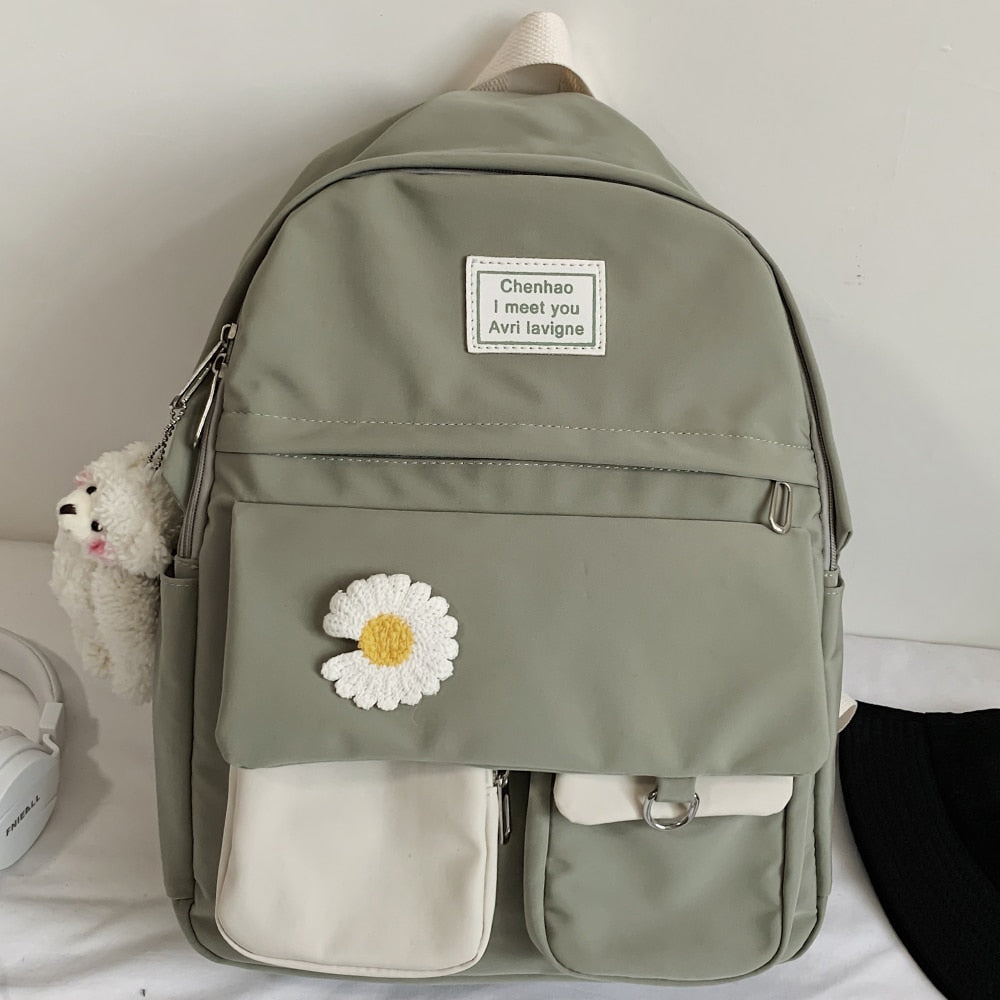 Fashion Kawaii Canvas Messenger Bag With Pin And Cartoon Pendant Cute Girl  Aesthetic Backpack Student School Bag (white)