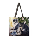 Folding shopping bag oil painting cat lady shoulder bag female leisure handbag outdoor beach bag female tote bag