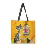 Oil painting line cat tote bag reusable beach bag linen fabric casual tote bag lady one-shoulder foldable shopping bag