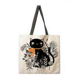 Oil painting line cat tote bag reusable beach bag linen fabric casual tote bag lady one-shoulder foldable shopping bag